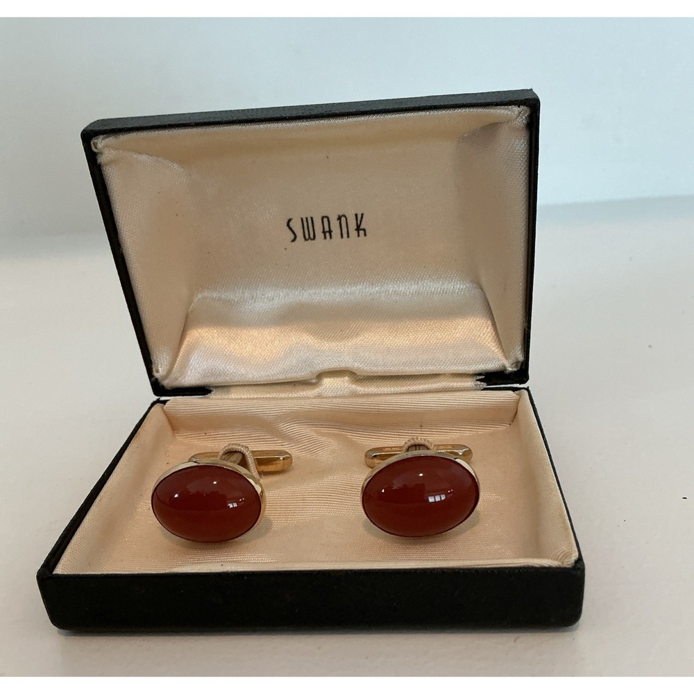 VTG Swank Oval Gold Tone Amber Brown Colored Stone Bullet Back Cufflinks In Box
